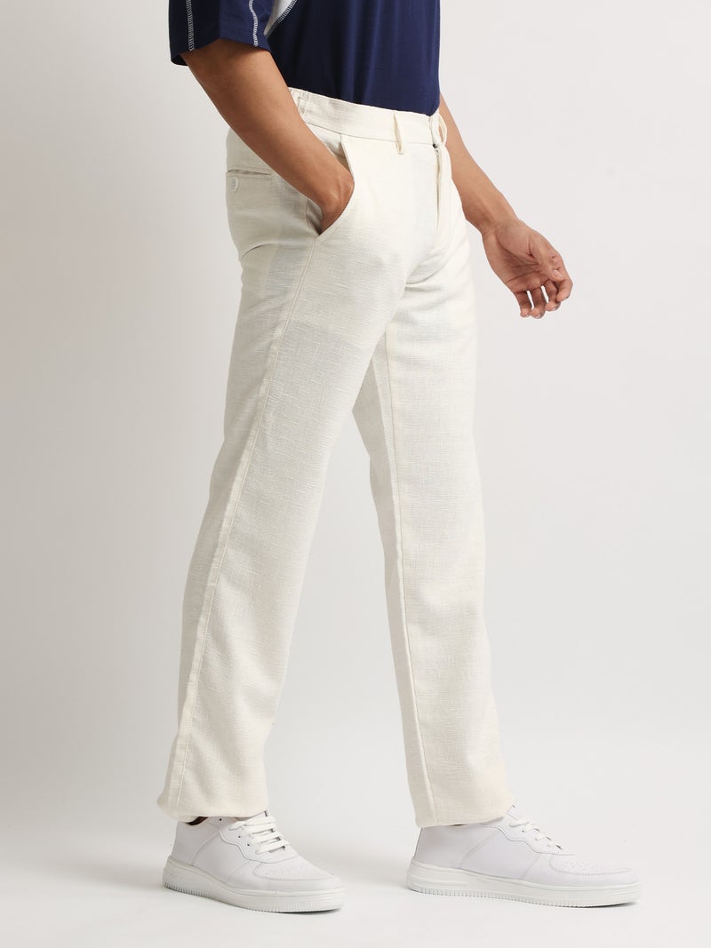 Maniac Mens Solid White Elastic Linen Cotton Blend Trouser - Image 3